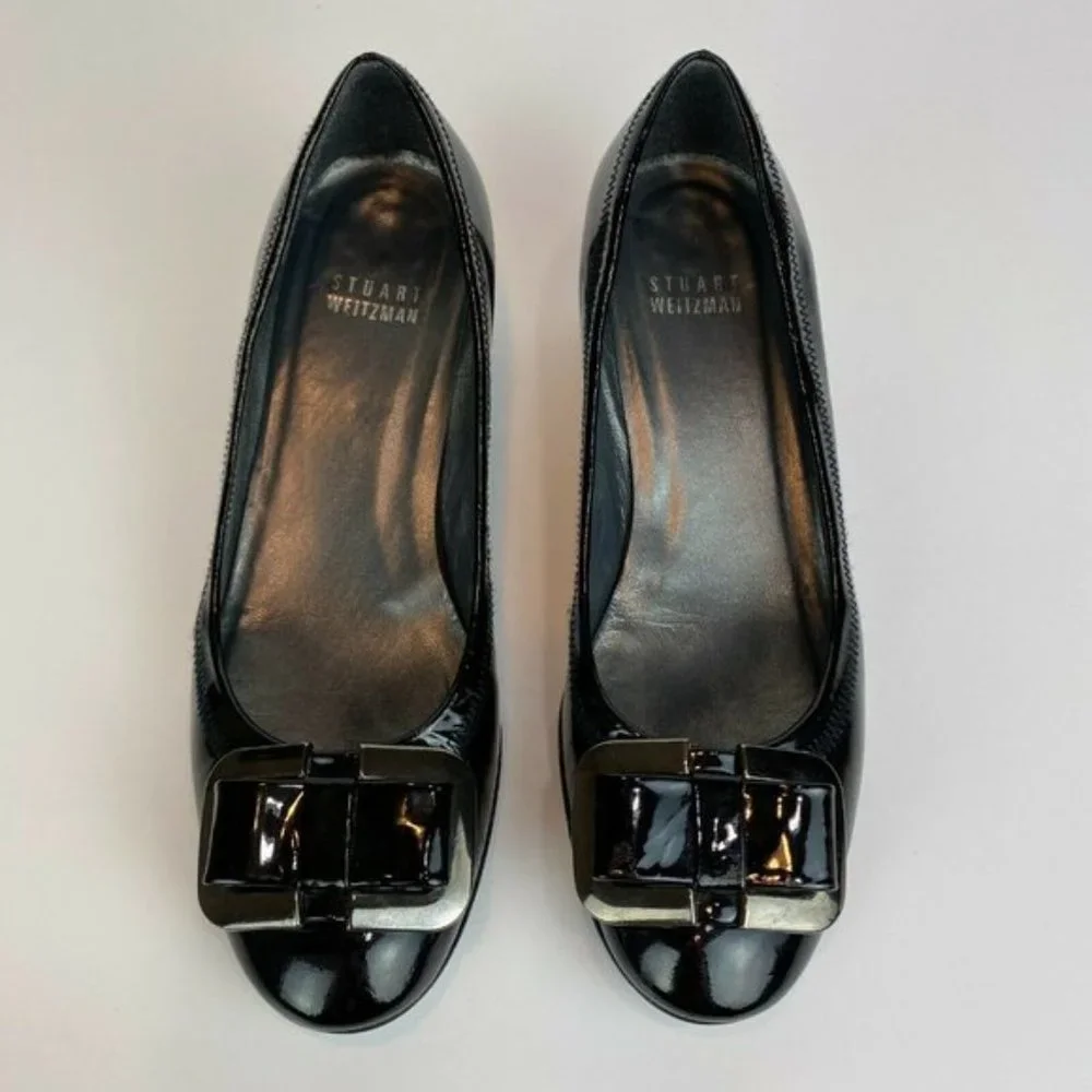 Stuart‎ Weitzman Wedge Heels 5.5 Black Patent Leather Silver Bow Office Career - Picture 6 of 11